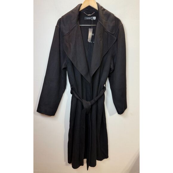 Lauren Ralph Lauren Coat Size 16 Black Wool Blend Belted Wrap Women’s Classic - Picture 2 of 9